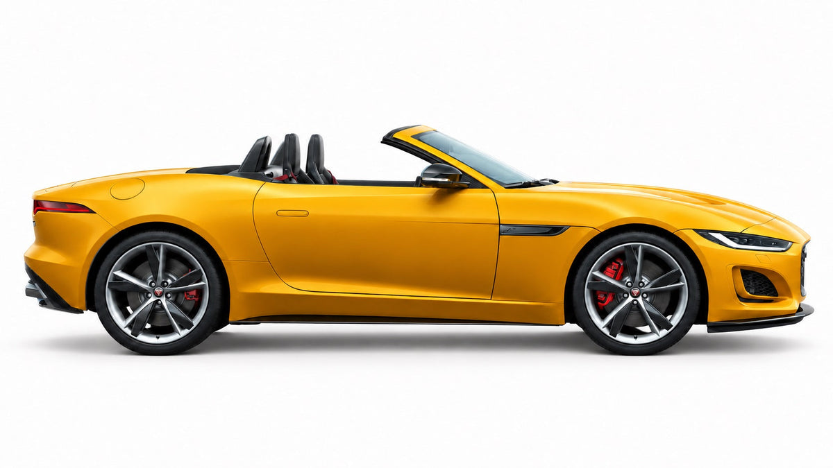 Gele Jaguar F-Type cabriolet, zijaanzicht